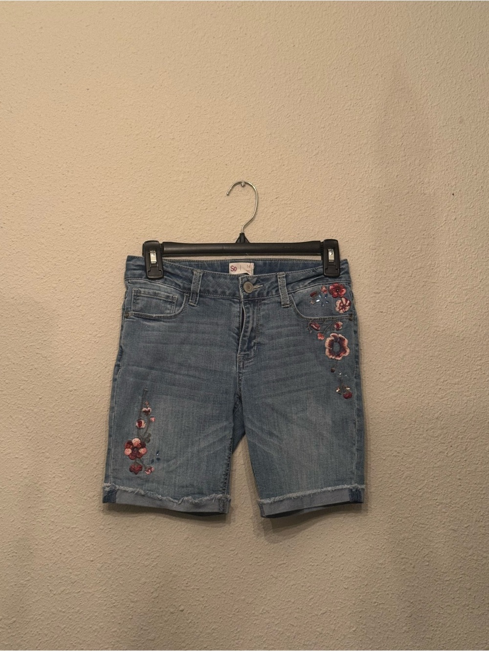 SO Light Blue Denim Shorts with Floral Embroidery